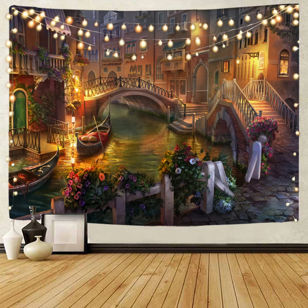 Venice Town Water Town Night Scene Decoration tapestry Town Landscape Painting Decoration tapestry Home Decoration