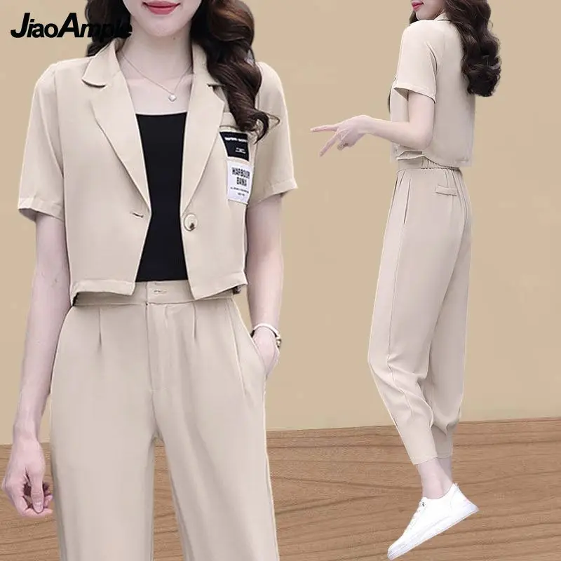 Women's Summer Fashion Short Suit Jacket Matching Set 2023 New Casual Blazers Coat Pants Two