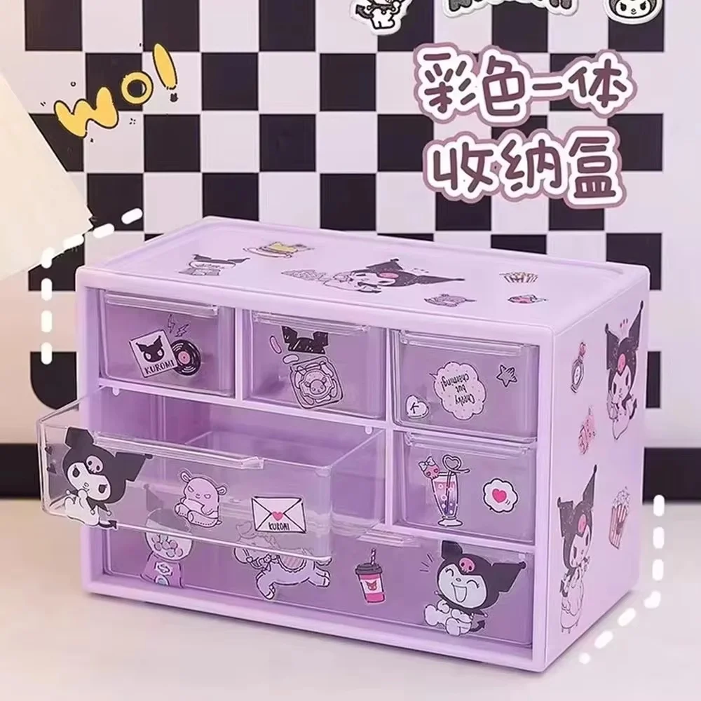 Sanrio Six Square Grid Storage Box Drawer Transparent Desktop Kuromi Melody Cinnamoroll Pochacco Pompurin Stationery Storage ﻿