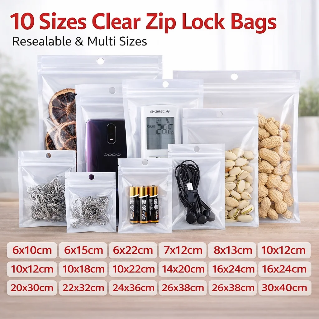 100pcs Reusable Clear Ziplock Bags Transparent Self Sealing Plastic Zip Packaging Pouch for Food Nuts Jewelry Cable Small Parts