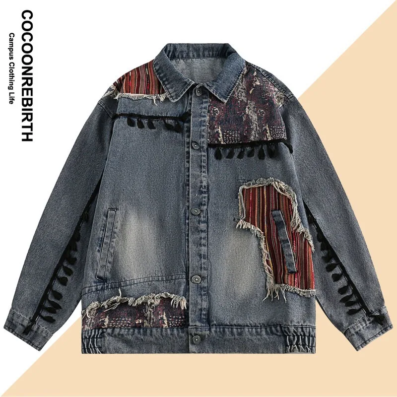 

Fashion Denim Jacket Men Broken Patchwork Striped Blue Loose Jeans Jackets Small Tassel Raw Edge Lapel Button Coat All-match