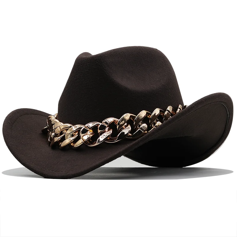 Luxury Men Women Western Cowboy Hat With gold chain Wide Brim Hat Pop Jazz Hat Winter Wool Hat Size 56-58CM fedora hats for sale