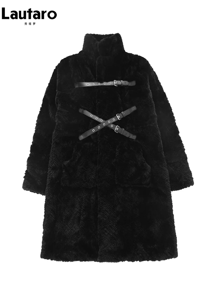 Lautaro Winter Cool Long Loose Casual Soft Thick Warm Black Fuzzy Faux Fur Coat Women Stand Collar Punk Style Fluffy Jacket 2023 5