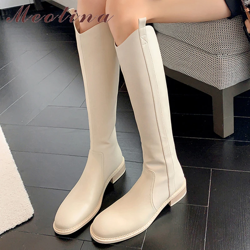 

Meotina Women Genuine Leather Knee High Western Boots Round Toe Flat Zipper Ladies Fashion Long Boot Autumn Winter Shoes Beige