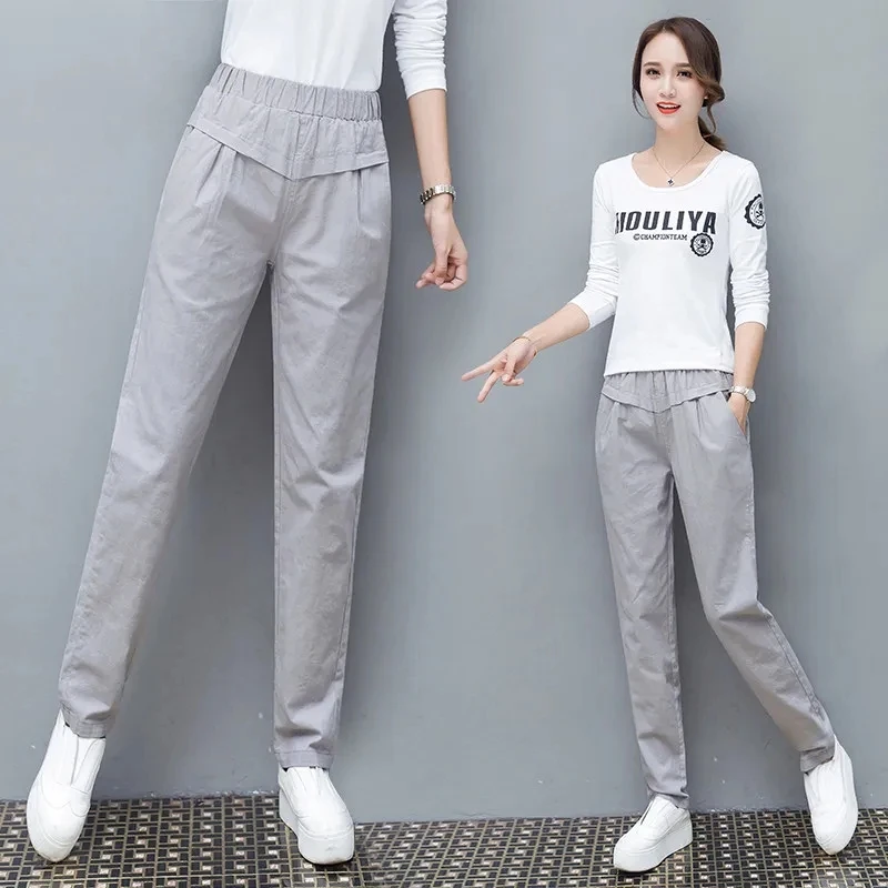 

2022 весенне-летние повседневные брюки с высокой талией, женские брюки-султанки в литературном стиле, тонкие узкие брюки с эластичным поясом для женщин