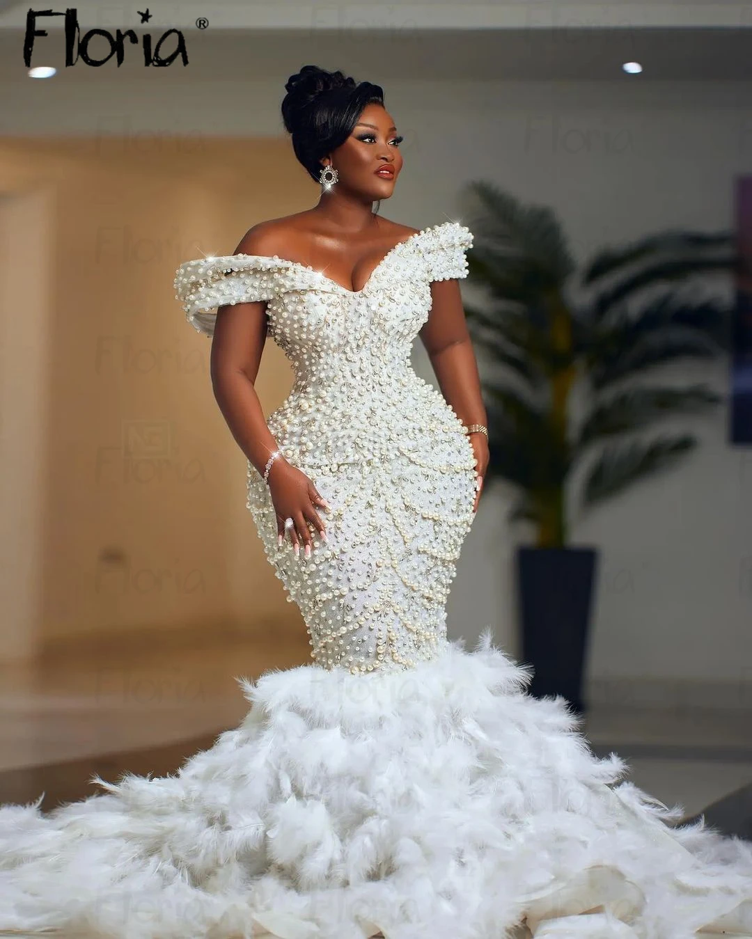

Floria Luxury Mermaid Feathers Wedding Dresses Sparkly Crystals Bridal Gowns Plus Size Dubai Vestidos De Novia 2024 свадебное пл