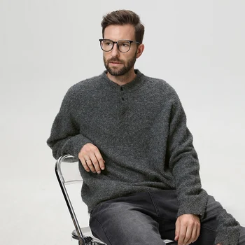 BROWON Brand 2025 Lazy Old Money Style Sweaters Man Ring-spun Yarn Fabric Henley Collar Loose Fit Elegant Knit Pullovers Men