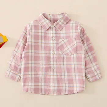 유아용 버튼 다운 체크 셔츠, 긴 소매 셔츠, 핑크 체크 셔츠, 블라우스 상의, 봄 가을