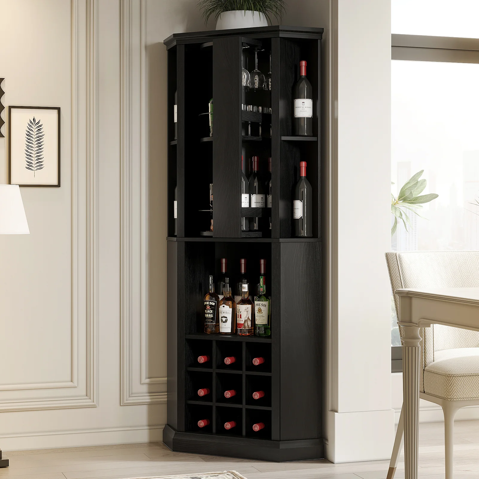 Corner Wine Cabinet with Rotating Glass Wine Rack, Farmhouse Bar Storage Cabinet with Cup Holders, Bar for Dining Room