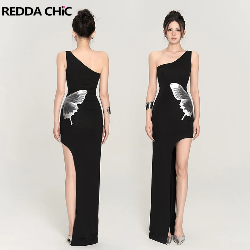 

REDDACHiC Asymmetric Open Leg Long Dress Women Aesthetic Butterfly Print Sleeveless Slim Bodycon One-piece Y2k Vintage Clothes