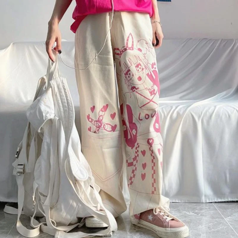 

COZOK/ E Girls Clothing Trousers Pink Anime Wide Leg Japanese Streetwear High Waist Pants Loose Straight Cargo Punk Pants Women