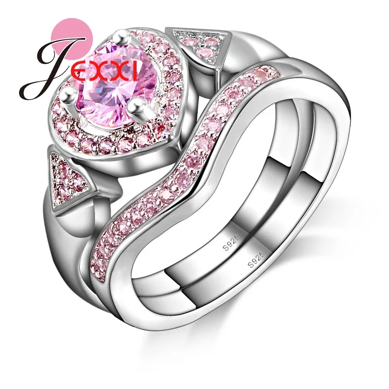Pretty Cubic Zirconia Cute Love Heart Wedding Rings Set 2 PCS 925 Sterling Silver Fashion Pink CZ Crystal Jewelry Wholesal
