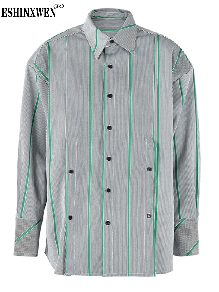 

Eshin 2023 Autumn Women Green Striped Big Size Blouse New Lapel Long Sleeve Loose Fit Shirt Fashion Tops Clothing TH4822