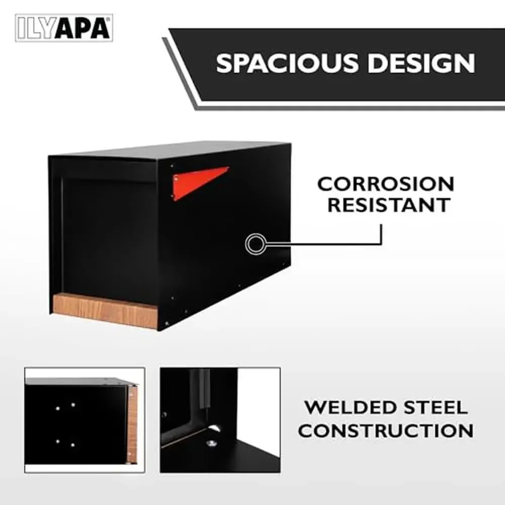 Black Modern Mailbox Heavy Duty Metal Post Mount Mail Box with Redwood Grain Trim Steel Construction Weather Resistant Universal