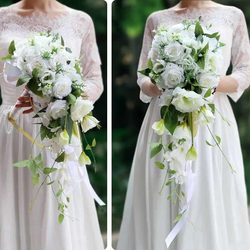 

Western Style White Bridal Bouquet Waterfall Wedding Bouquets Rose Artificielle Green Leaves Brides Bouquet Cascade