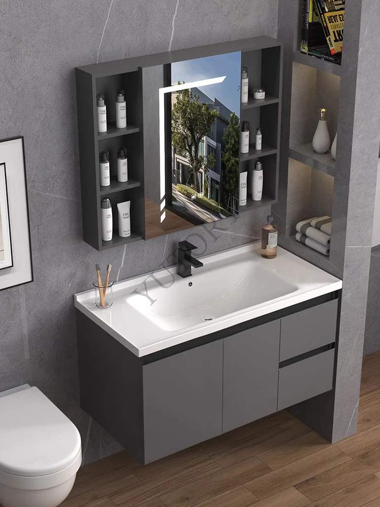 Dark gray space aluminum bathroom cabinet washbasin cabinet combination, ceramic integrated basin washbasin smart