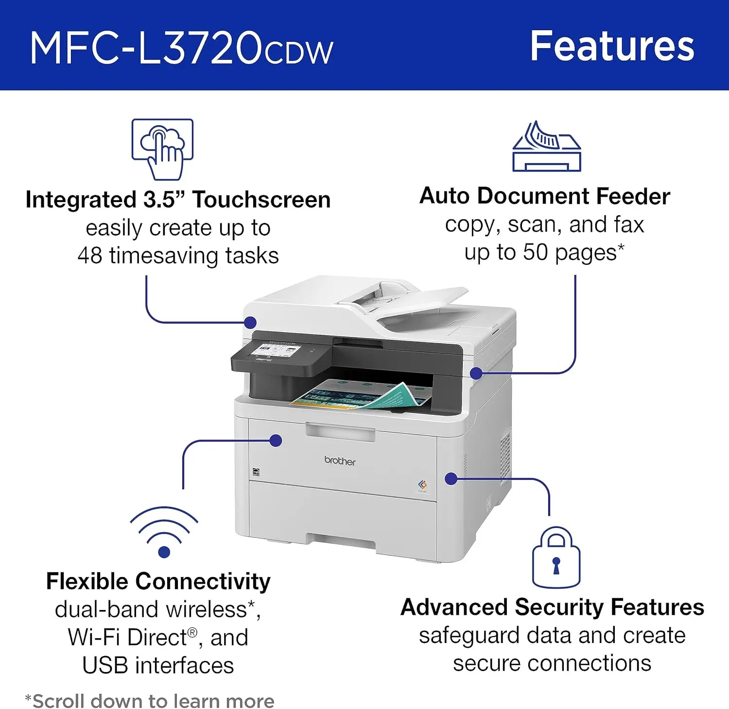 MFC-L3720CDW Wireless Digital Color All-in-One Printer with Laser Quality Output, Copy, Scan, Fax, Duplex 3