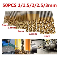 Foret hélicoïdal à tige droite, 50 pièces, titane plaqué 1/1.5/2/2.5/3mm, petite perceuse, utilisé pour la perceuse électrique, outils électriques 