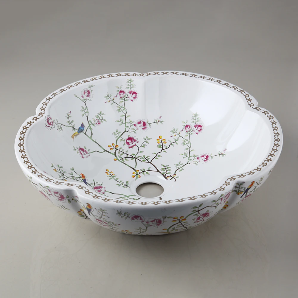 ZAPPO Above Counter Ceramic Vessel Sink For Bathroom Round Petal Shaped Flower & Bird Pattern Wash Basin Bowl Sinks With Faucet bathroom sink bathroom faucet set