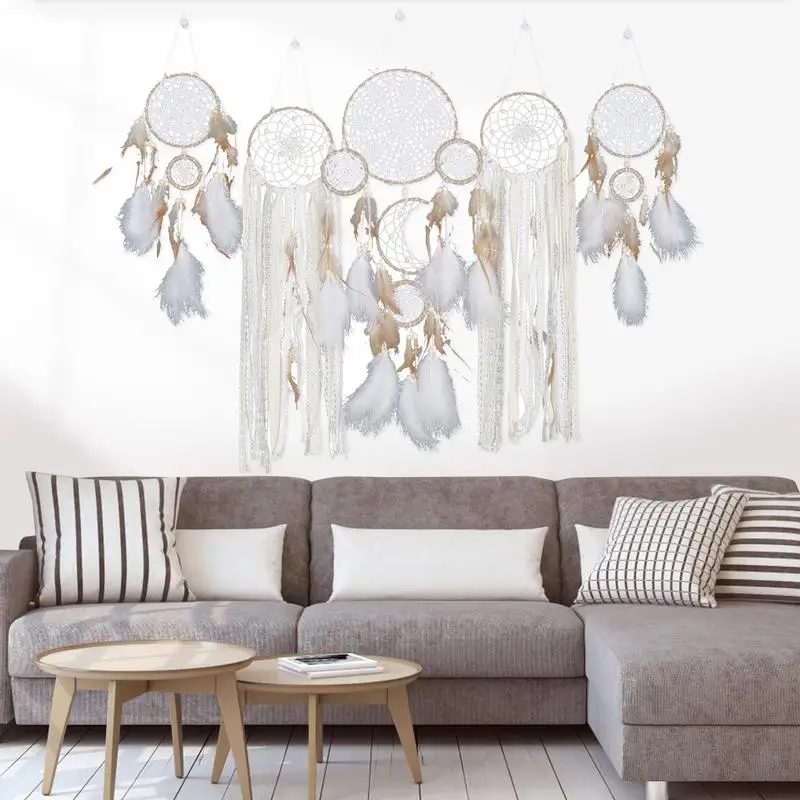 Atrapasueños bohemio grande, colgante de pared de macramé con plumas  blancas para decoración del hogar o boda Vintage, círculo de 35cm y 110cm  de largo, color blanco YONGSHENG 8390606143884