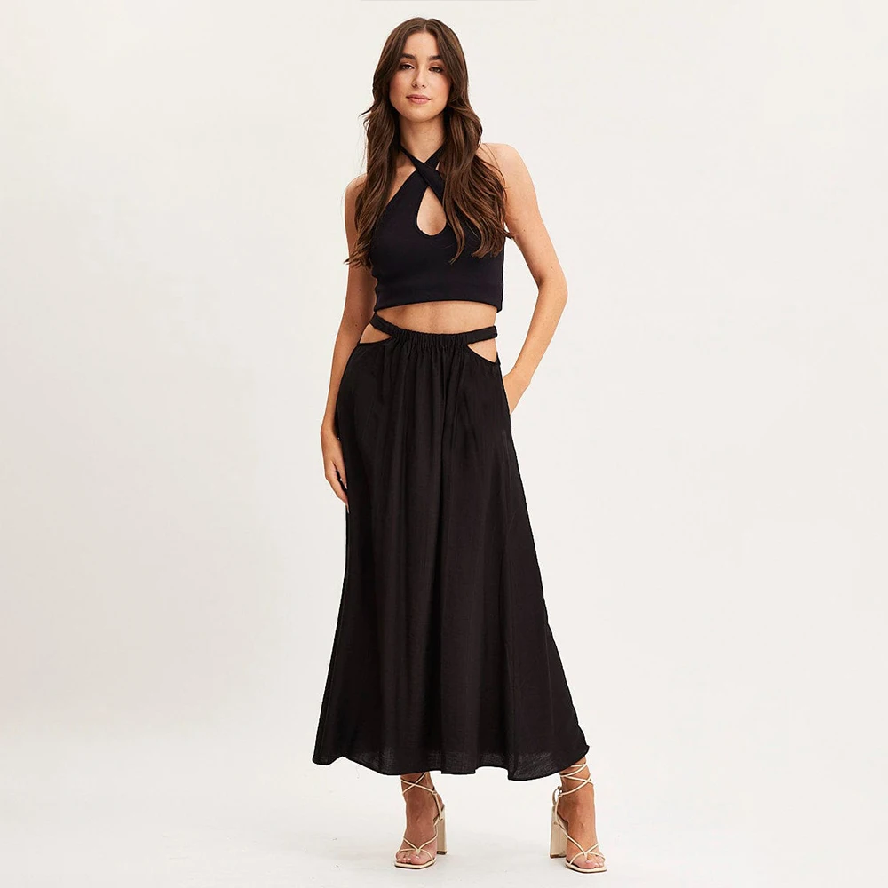 

Elastic Waist Hollow Out Long Sexy Skirts For Women Black Beige Green Summer Beach Women A Line Casual Maxi Skirts VD3938