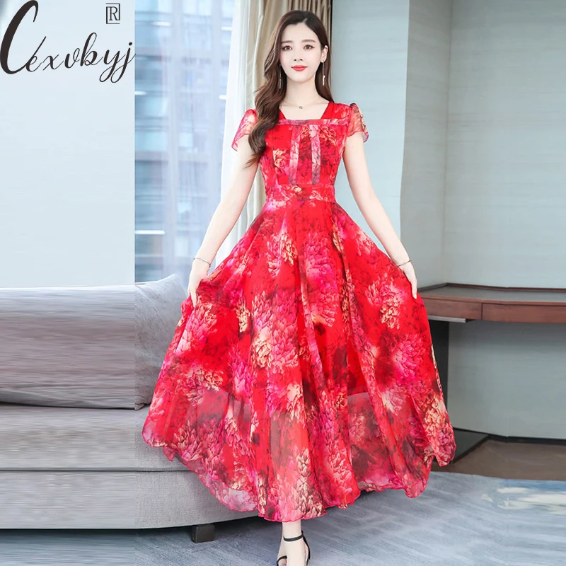 

Elegant Women Print Chiffon Dress Hot Sale Square Collar Summer Evening Dress Boho Style Floral Short Sleeve Maxi Beach Dress