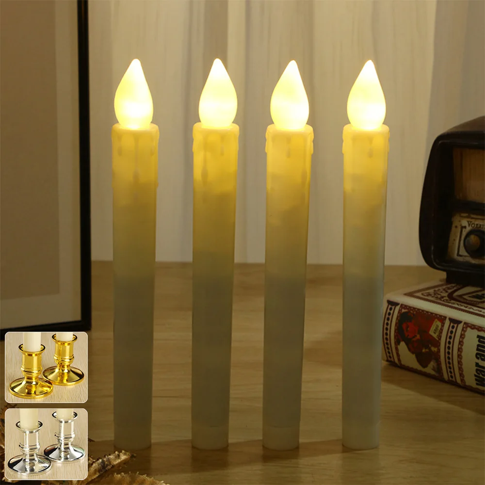 

Battery Operated Flickering Flameless Candles Electric Taper Candles Lights Dinner Wedding Party Candle with 2 Holder Tea Lights