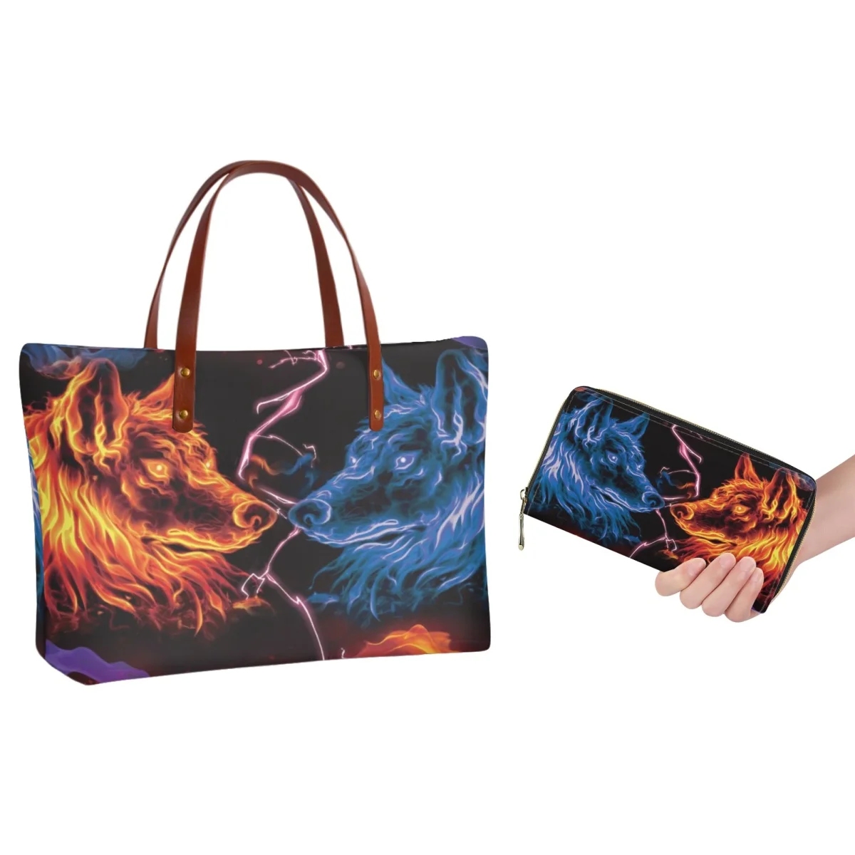 

FORUDESIGNS Flame Twin Wolf Handbags Ladies Shopping Wallet Handbag Combination Burning Fire Lightning Bags Material Comfortable