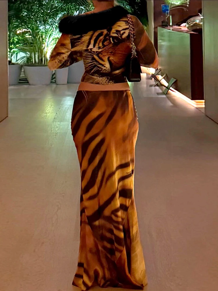 Nibber Sexy2 Piece Set Woman Tiger Print  Furry Patchwork Low-Neck Full Sleeve Crop Top+A-Line Long Skirt Elegant Style Outfits