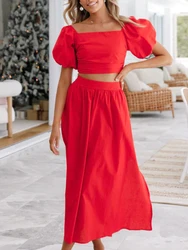 2024 Spring Summer Fashion Red Black Two Piece Sets New Elegant Women Casual Lantern Sleeve Square Collar Top + Slit Skirt Suit