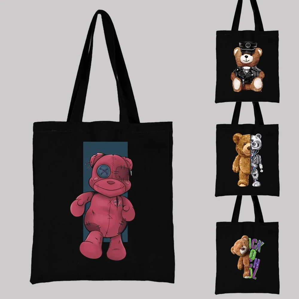 Borse Da Donna Shopper Bag College Student Canvas Tote Bag Teddy Bear Pattern Series Harajuku Style Stampa Nera Ad Alta Capacità