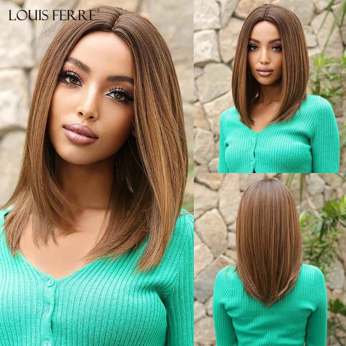 LOUIS FERRE Shoulder Length Brown Straight Synthetic Wigs Long Ombre Brown Wig for Black Women Natural Looking High Temperature