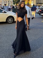 Mozision Hollow Out Short Sleeve Sexy Maxi Dress Women Fashion O Neck Ruched High Waist Bodycon Club Party Long Dress Female
