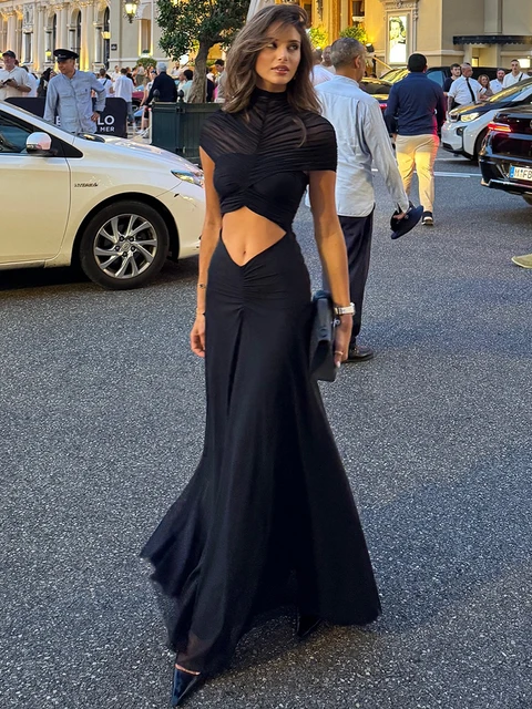 Mozision Hollow Out Short Sleeve Sexy Maxi Dress Women Fashion O Neck Ruched High Waist Bodycon Club Party Long Dress Female 1