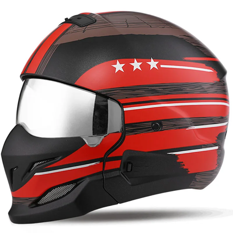 thumbnail image 1 of Casco de motocicleta de cara completa con combinación de personalidad de moda, casco retro para montar en las cuatro estaciones, casco de locomotora de medio casco, 1 of 5