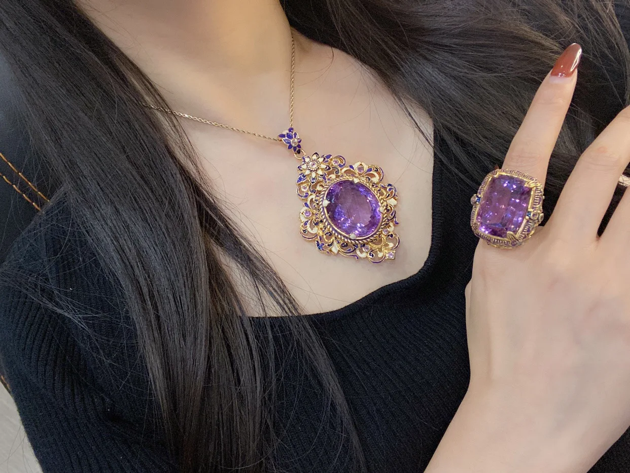 

2023 New Italian Vintage Gilded Enamel Imitation Natural Amethyst Women's Set Palace Style Colorful Treasure Ring Necklace