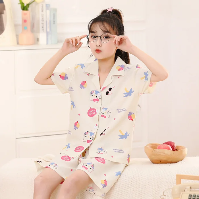 

Детская Хлопковая пижама Sanrio, милый кардиган с лацканами и короткими рукавами для девочек, удобная домашняя одежда, на лето