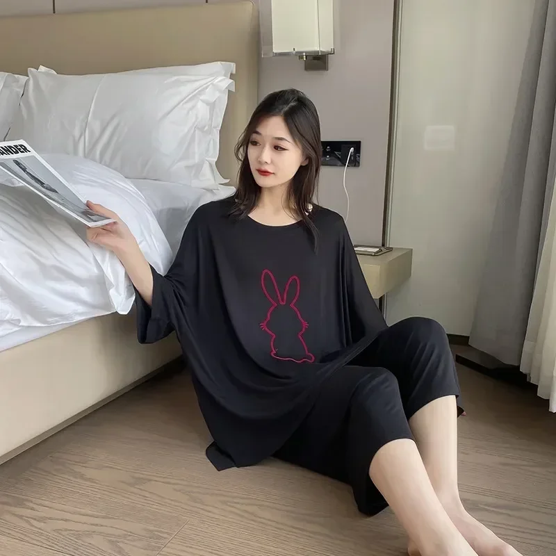 

PLUS Mm Modal Homewear Suit Sleep Sets Printed Outside Pajamas Nighty Rabbit Pajama For Loose Thin Women Wear