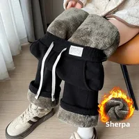 Lamb Velvet Wide Leg Pants Women's Thickened Corduroy Straight Cut Winter Warm Trousers Lazy Style Fleece Lined Pants