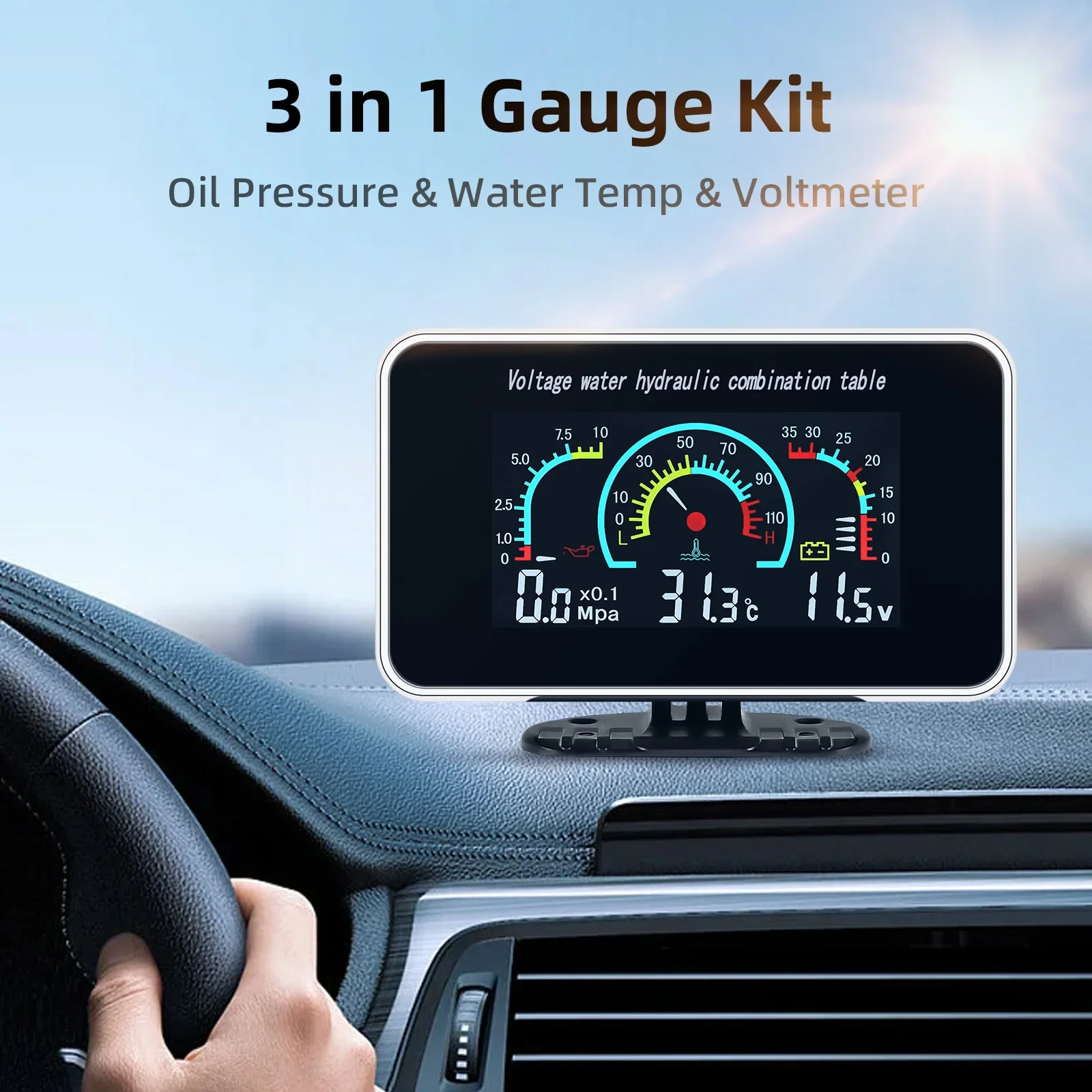12V/24V Universal 3 in 1 LCD Car Gauge Oil Pressure Gauge Voltage gauge Water Te