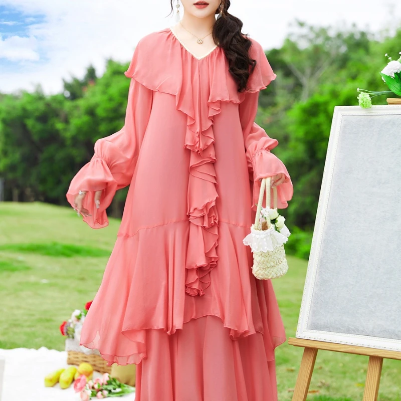

Dresses for Women 2023 Spring Summer 100% Mulberry Silk Dress High Quality Women's Long Pink Dress Flounced Edge Women Clothes