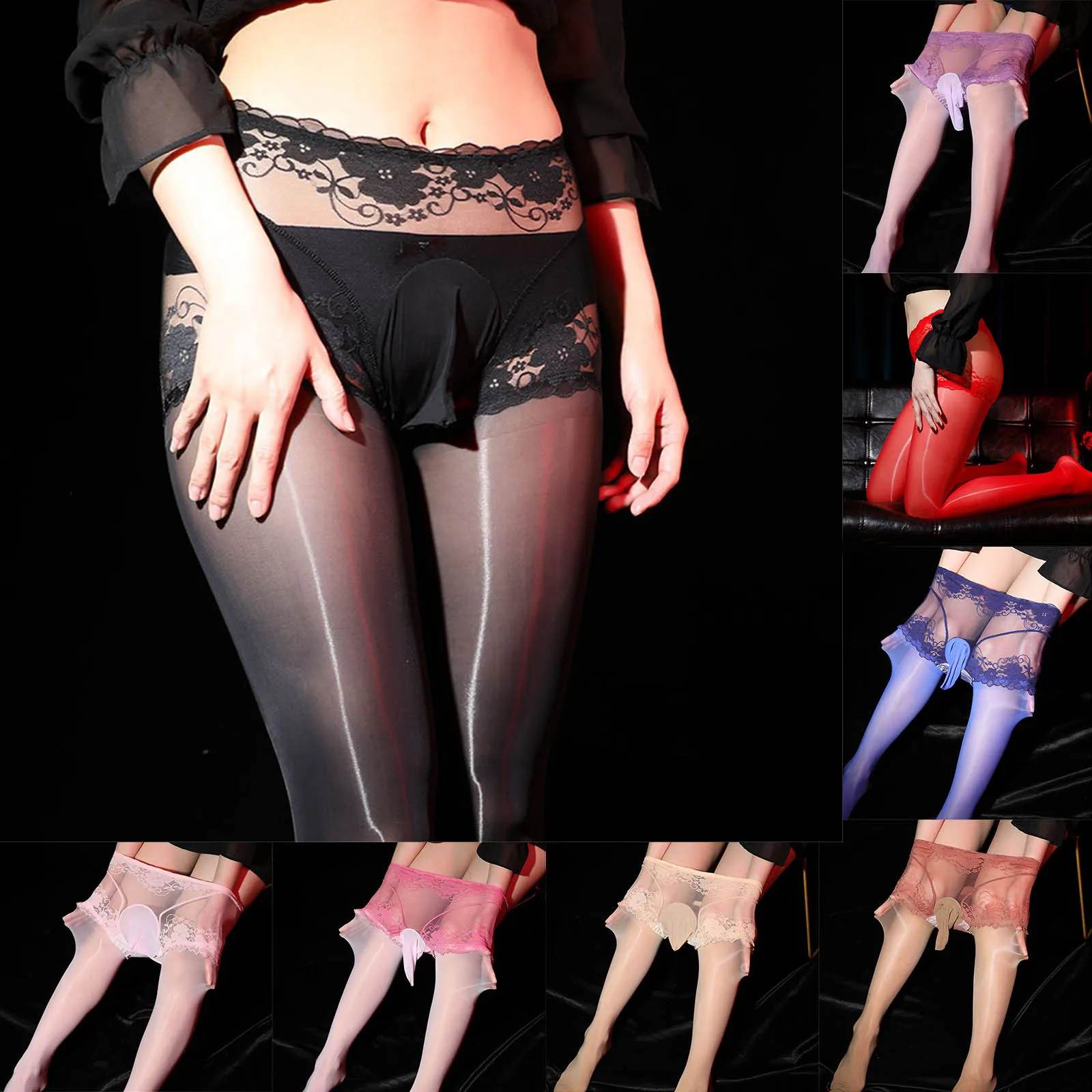 Men Pantyhose High Glossy Elastic Nylon Sheer Stockings Hosiery Silky Tights Lace Panties And Stockings Pantyhose Female