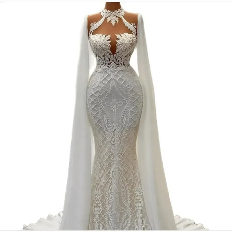 Customized High Neck Lace Wedding Dresses With Fly Away Cape Robe De Mariage Sweep Train PLus Size Mermaid Bridal Gowns 3