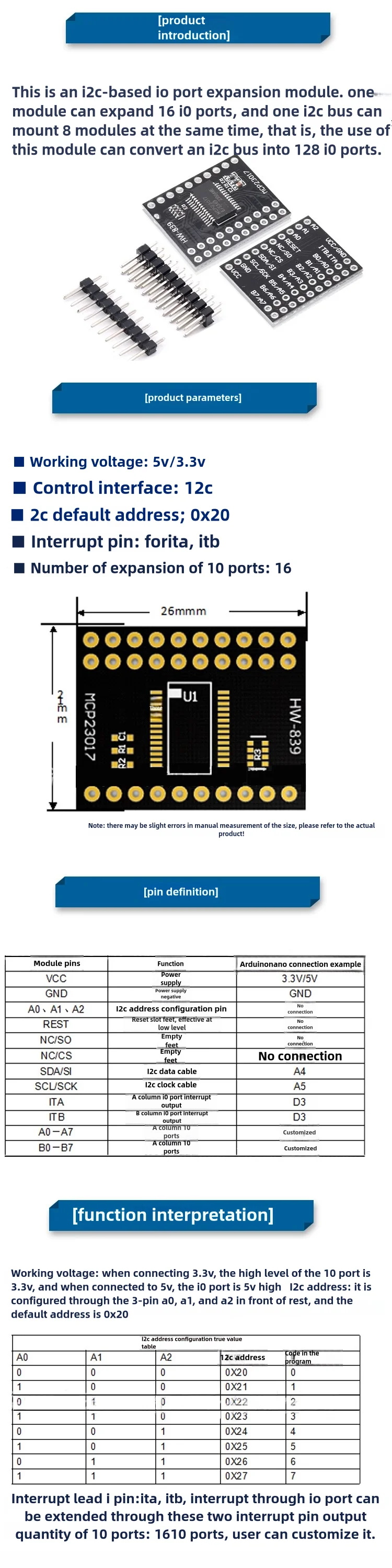 Snvi MCP23017 I2C I/O Erweiterungsmodul 16-Bit GPIO Erweiterungsplatine MCP23017 Modul Serielle Schnittstelle für Arduino CJMCU-2317 – Detail 4