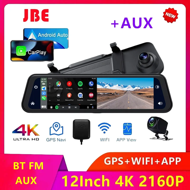 12Inch 4K Car Dash Cam Carplay & Android Auto 3840*2160P Rearview Mirror Video Recording WIFI Loop Record Phone APP GPS Car Dvr