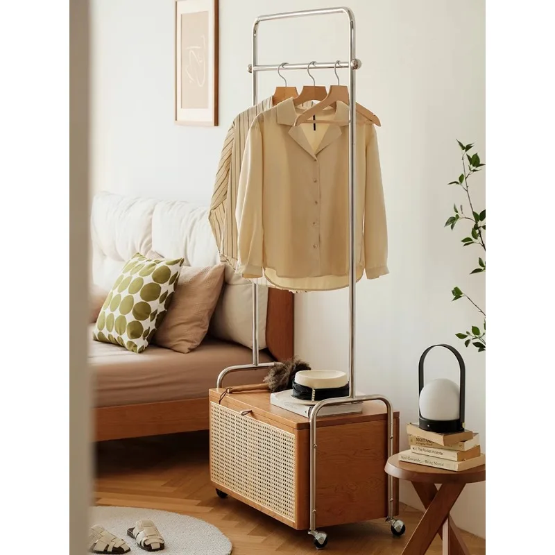 

Solid Wood Rattan Coat Rack Stainless Steel Removable with Laundry Basket Storage Nordic Simple