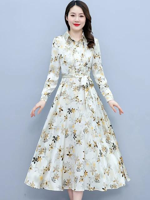 Elegant Vintage Dresses Classy Outfits Women 2023 Fashion Spring Autumn  Long Sleeve Satin Yellow Dress Chic Maxi Dress - AliExpress