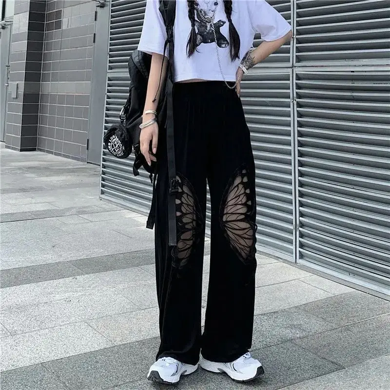 Butterfly Hollow Embroidery Out Pattern Black Pants Hip Hop Vintage Women Streetwear Summer Loose Sport Fashion Casual Trousers