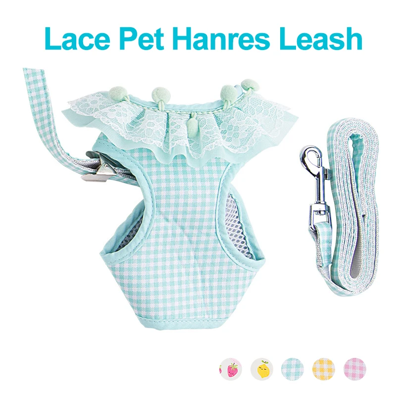 

Plaid Traction Dog Harness Leash Sweet Lace Printing Breathable Puppy Vest Traction Rope Dogs Cats Soft Mesh Pet Harnesses
