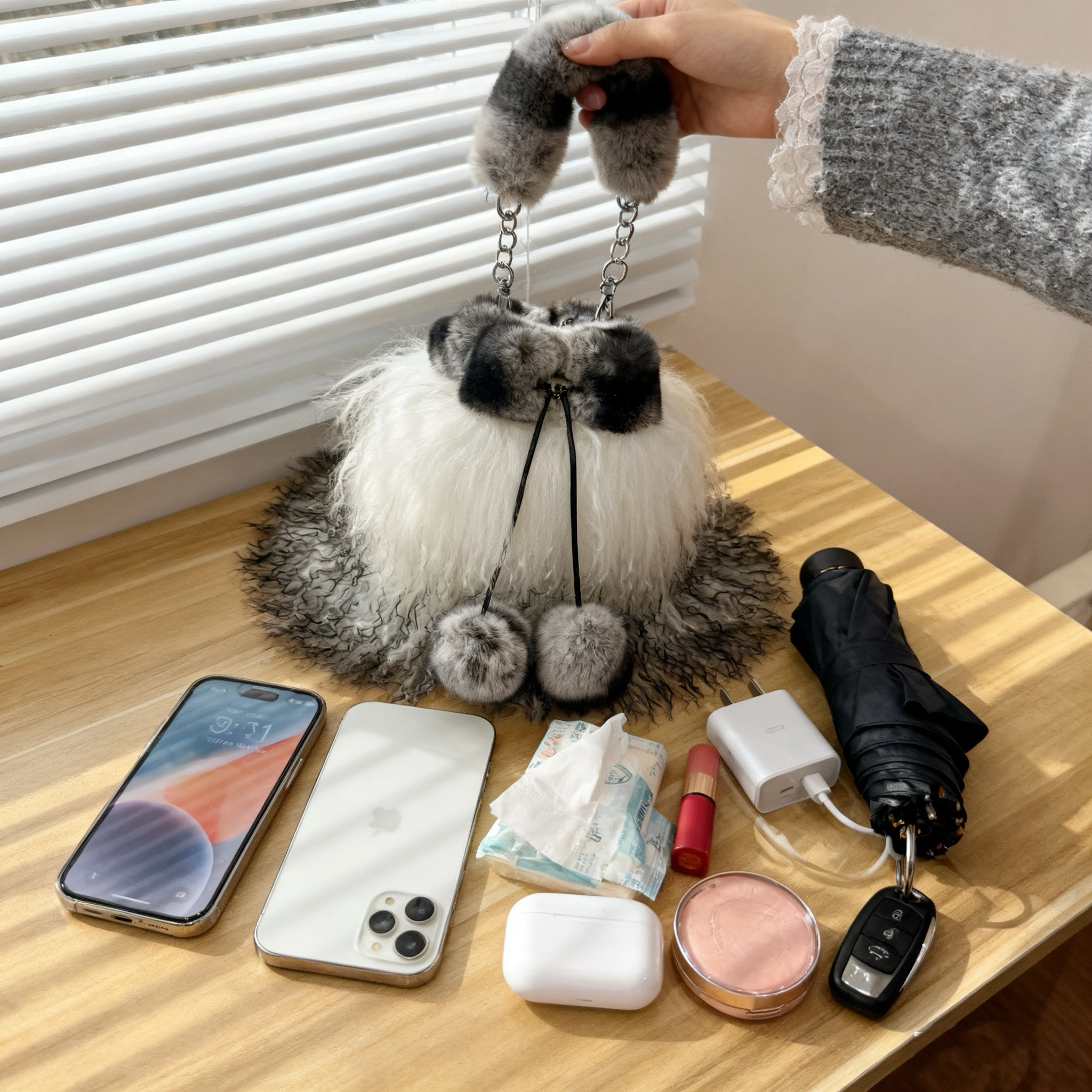 2025 New Beach wool Fur Drawstring Bucket Bag Women's Plush Shoulder Bags Y2k Hot Girls Fashion Female Furry Purse Tote Handbags